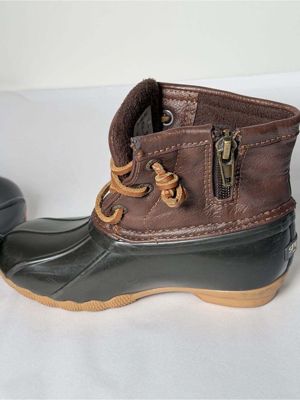Sperry Kids Brown Leather & Black Rubber Rain Boots with Tan Laces - Picture 7 of 13